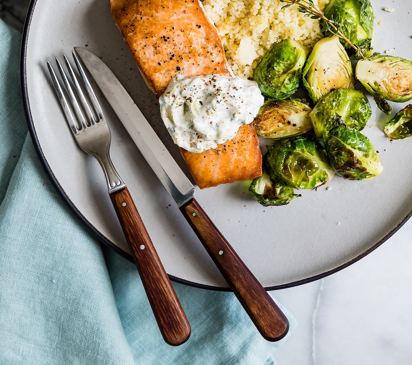 Tzatziki Salmon with Brussels Sprouts