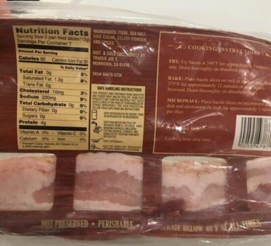 Trader Joe's Sliced Bacon 12 g, Nutrition Information Innit