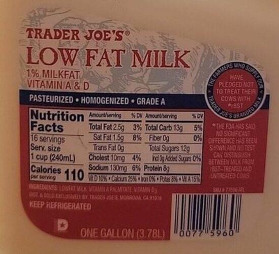 Trader Joe's 1 Milk Fat Milk 240 ml, Nutrition Information Innit