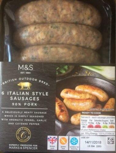 Marks Spencer Italian Style Sausages 1 Nutrition Information Innit