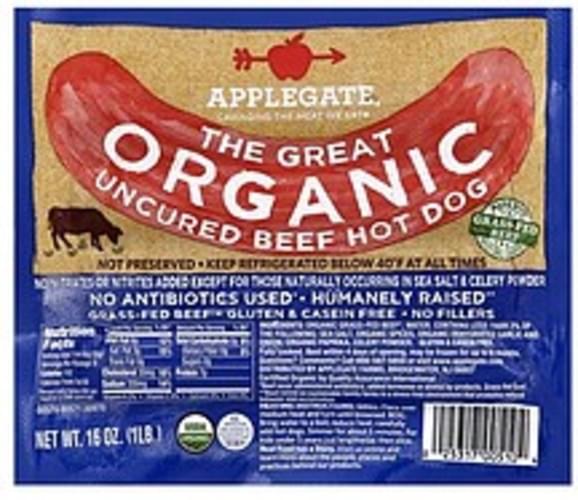 Applegate Organic, Uncured Beef Hot Dogs 16 oz, Nutrition Information