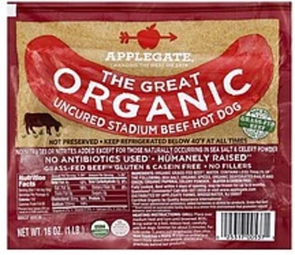 Applegate Organic, Uncured Stadium Beef Hot Dogs 16 oz, Nutrition