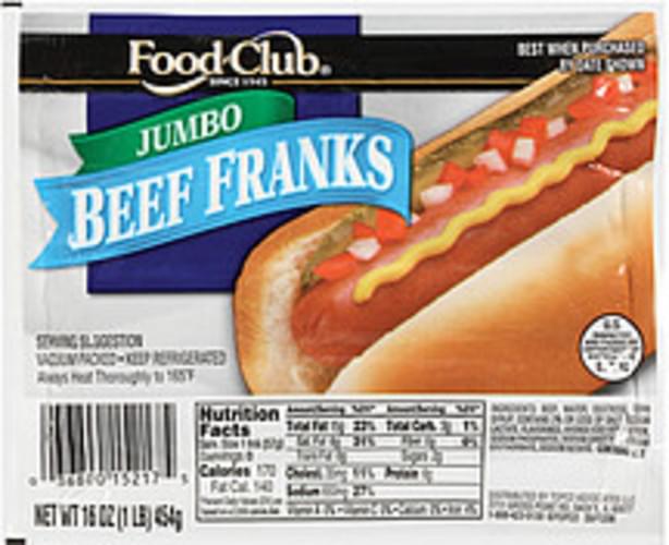 Food Club Jumbo Beef Franks 16 oz, Nutrition Information Innit