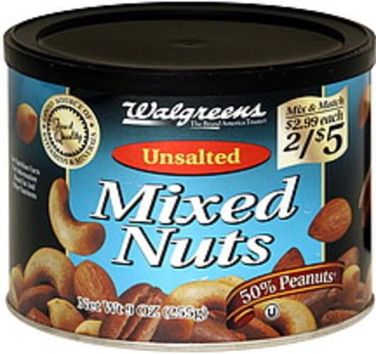 Walgreens Unsalted Mixed Nuts 9 oz, Nutrition Information Innit