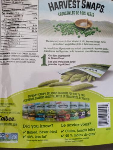 Harvest Snaps Lightly Salted Creen Pea Crisps - 28 g, Nutrition ...