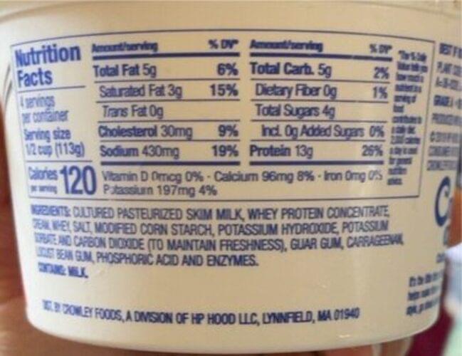 Crowley Small Curd Cottage Cheese 16 oz, Nutrition Information Innit