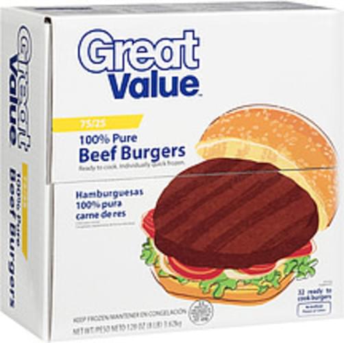 Great Value 100 Pure 75/25 Beef Burgers 128 oz, Nutrition