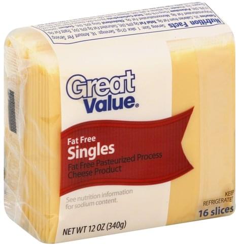 Great Value Pasteurized Process, Fat Free, Singles Cheese - 16 ea