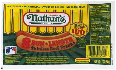Nathans Beef, Skinless, Bun Lengh Franks - 8 ea, Nutrition ...
