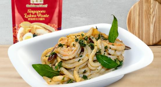 Dry Laksa Udon with Tiger Prawns