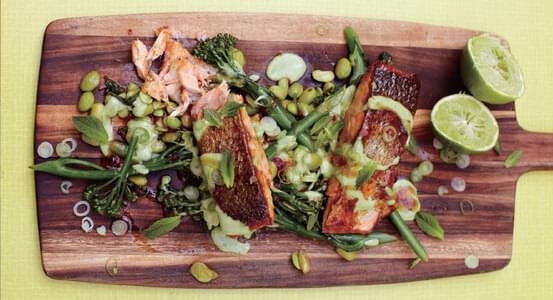 Sticky Salmon with Super Greens & Green Goddess Dressing