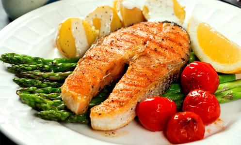 Roasted Salmon and Vegetables with Cucumber Yogurt Sauce