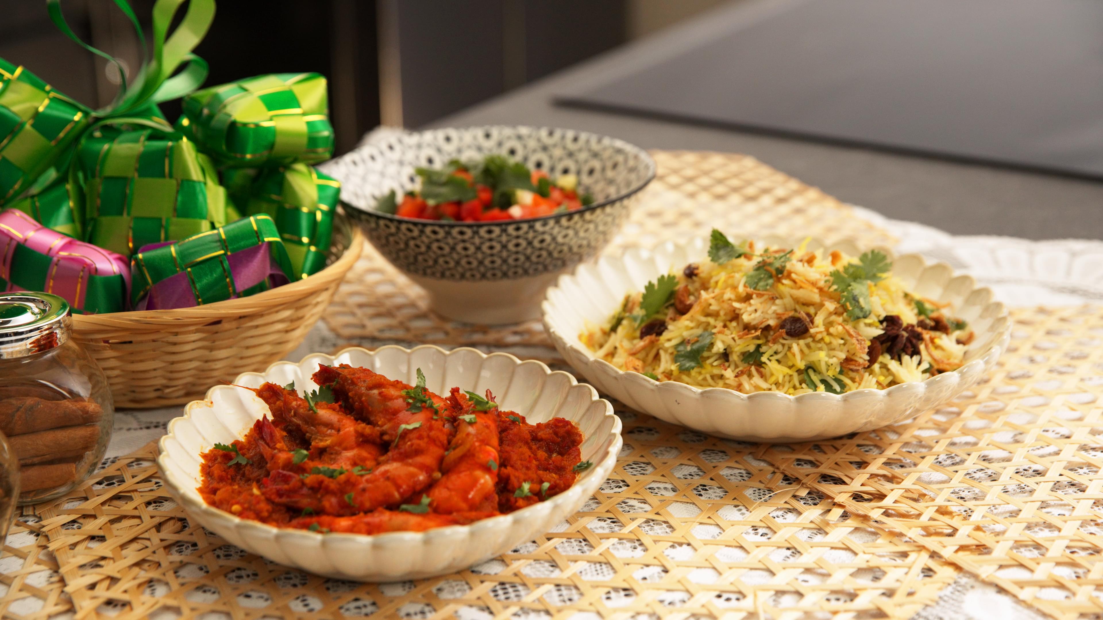 Nasi Minyak and Sambal Prawns with Arabic Salad
