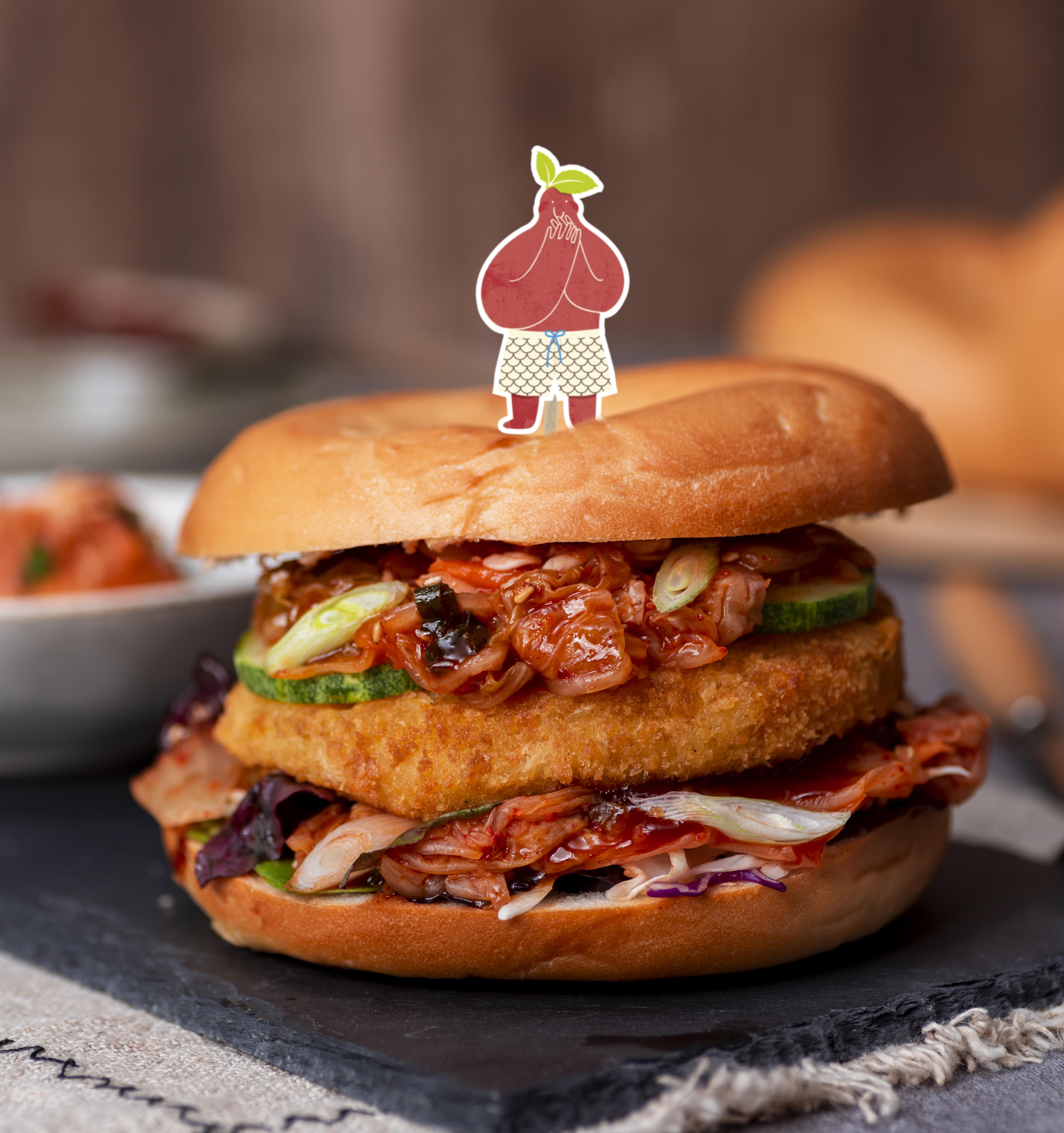 Happiee K-Bagel Fishiee Patty Burger with Kimchi Slaw