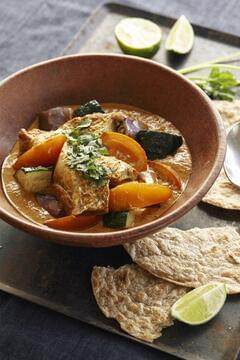 Barramundi Curry With Eggplant, Zucchini and Tomatoes