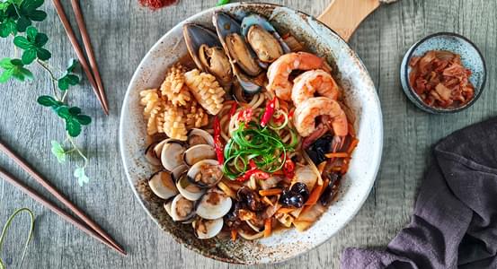 Seafood Jjampong (Korean Spicy Seafood Noodles)