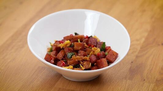 Crispy Luncheon Meat with Egg Floss